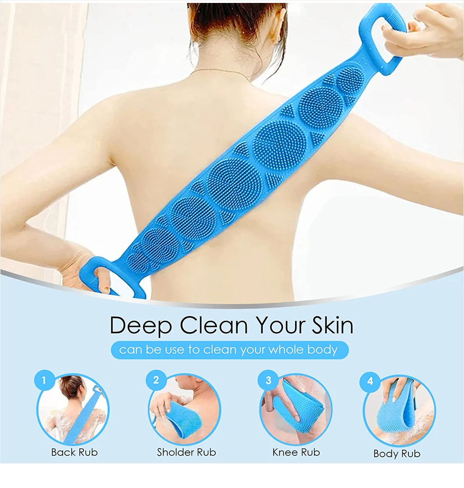 Calterra Silicone Body Scrubber, Dual-Sided Loofah Shower Towel, Exfoliating Massage Body Cleaning Strap - Calterra